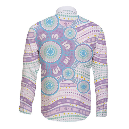 Australian Indigenous Aboriginal Art Long Sleeve Button Shirt Vivid Pastel Pink Teal