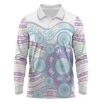 Australian Indigenous Aboriginal Art Long Sleeve Polo Shirt Vivid Pastel Pink Teal