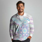 Australian Indigenous Aboriginal Art Long Sleeve Polo Shirt Vivid Pastel Pink Teal