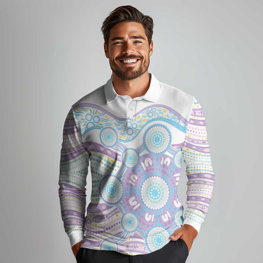 Australian Indigenous Aboriginal Art Long Sleeve Polo Shirt Vivid Pastel Pink Teal
