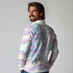 Australian Indigenous Aboriginal Art Long Sleeve Polo Shirt Vivid Pastel Pink Teal