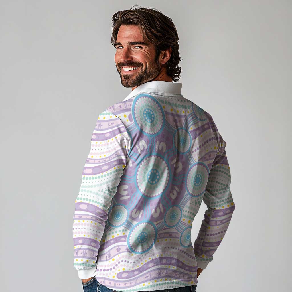 Australian Indigenous Aboriginal Art Long Sleeve Polo Shirt Vivid Pastel Pink Teal