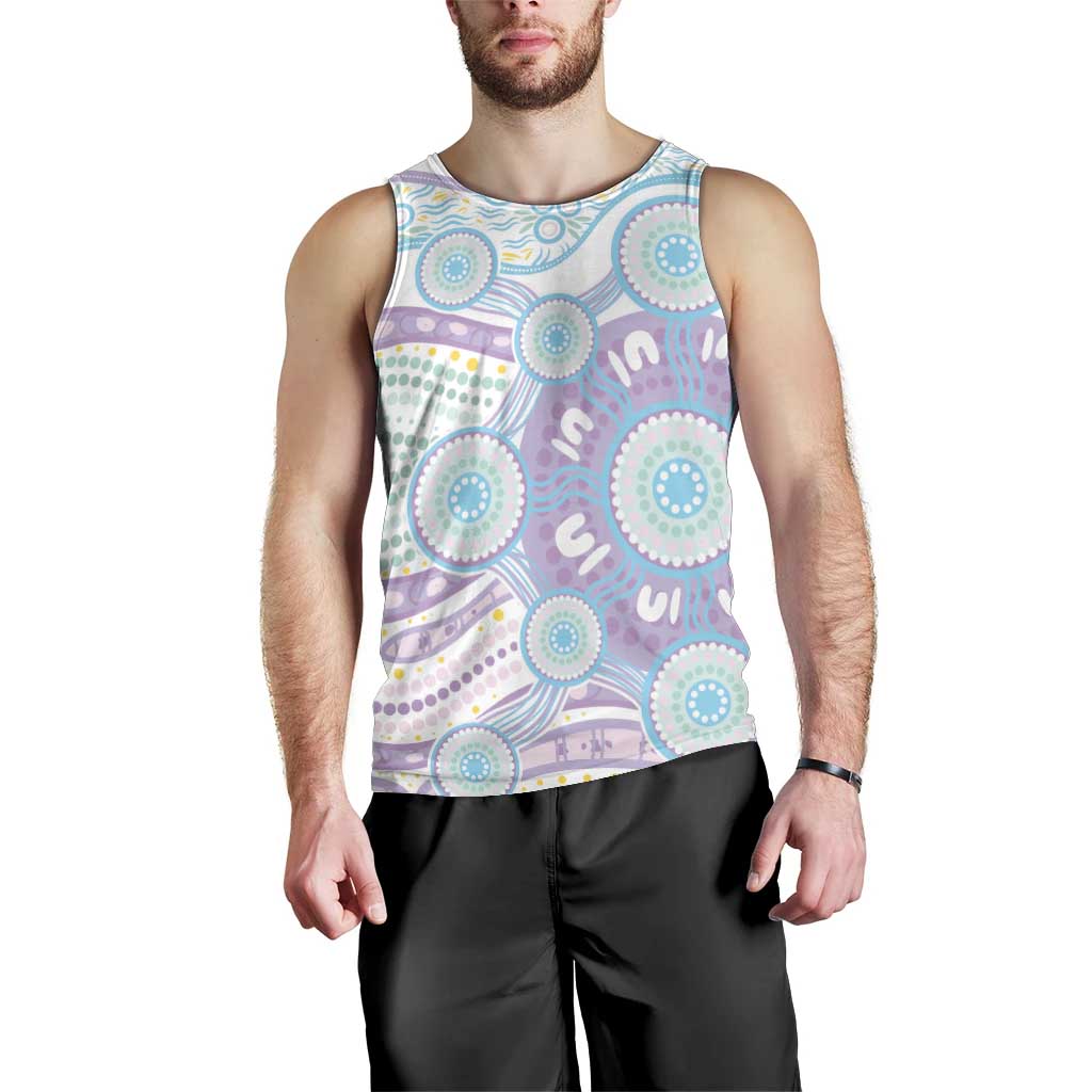 Australian Indigenous Aboriginal Art Men Tank Top Vivid Pastel Pink Teal