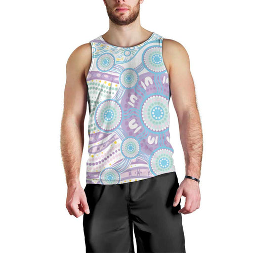 Australian Indigenous Aboriginal Art Men Tank Top Vivid Pastel Pink Teal