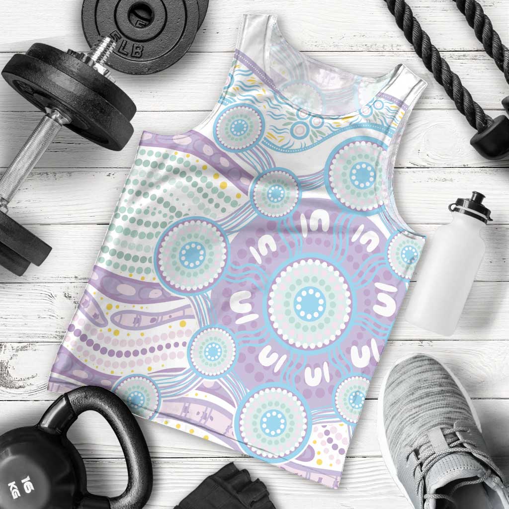 Australian Indigenous Aboriginal Art Men Tank Top Vivid Pastel Pink Teal