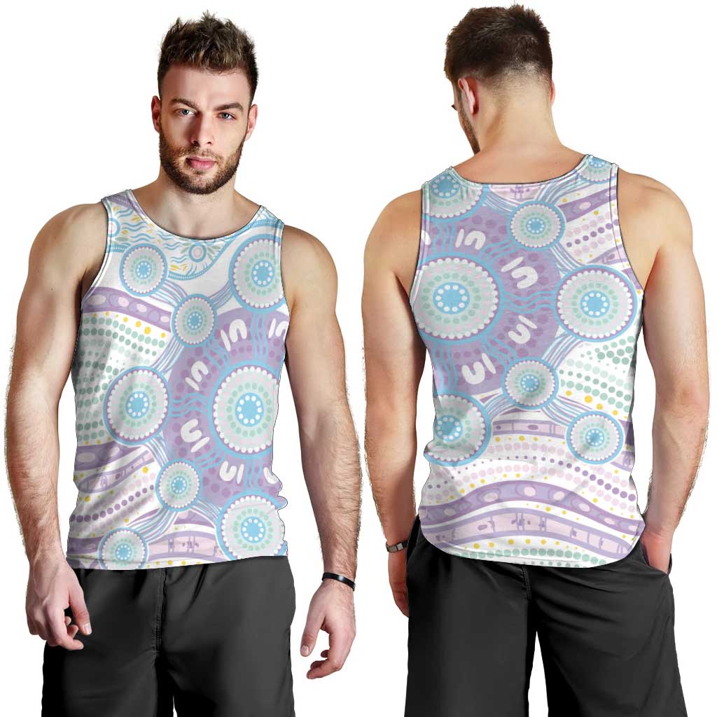 Australian Indigenous Aboriginal Art Men Tank Top Vivid Pastel Pink Teal