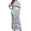 Australian Indigenous Aboriginal Art Off Shoulder Maxi Dress Vivid Pastel Pink Teal