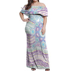 Australian Indigenous Aboriginal Art Off Shoulder Maxi Dress Vivid Pastel Pink Teal