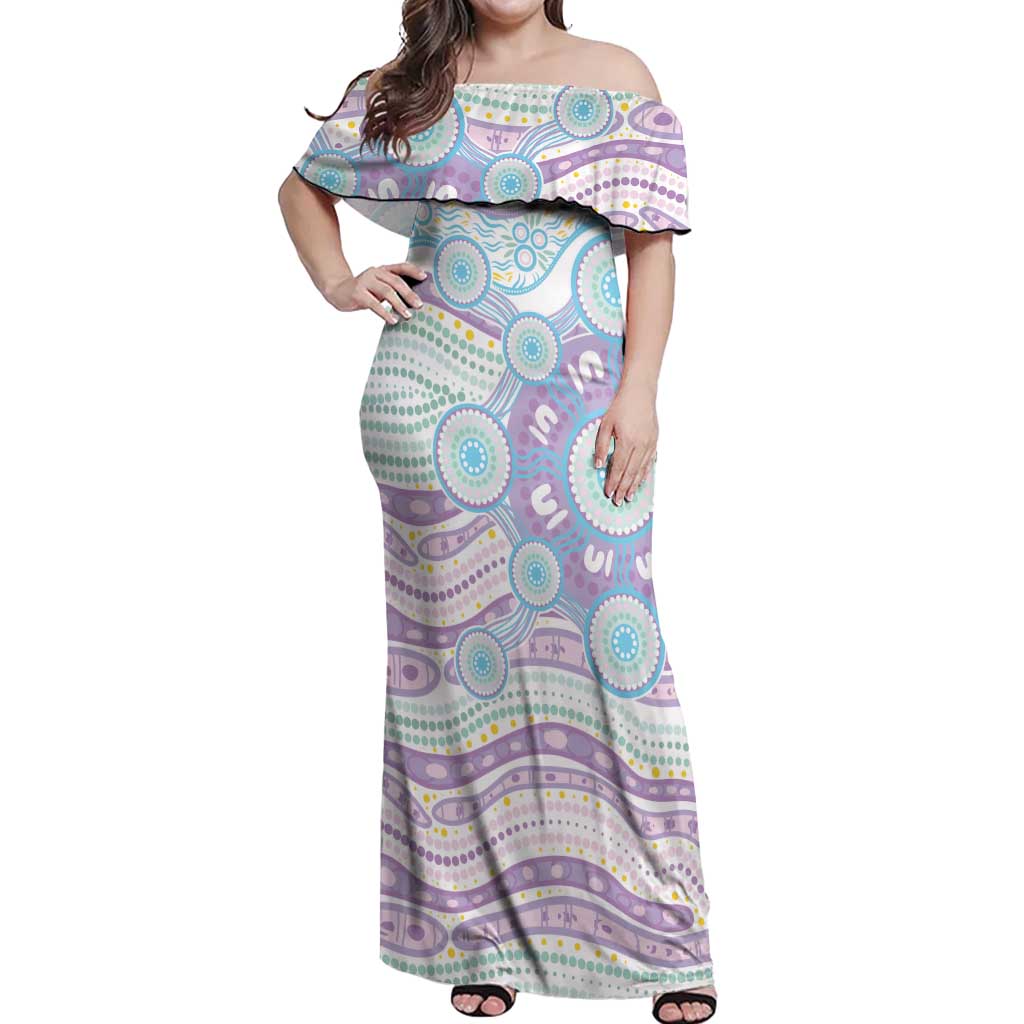Australian Indigenous Aboriginal Art Off Shoulder Maxi Dress Vivid Pastel Pink Teal