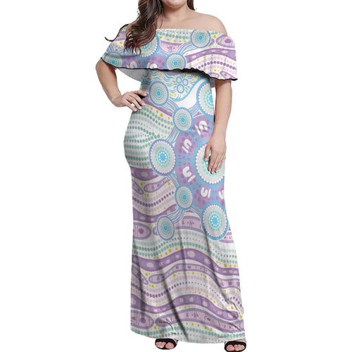 Australian Indigenous Aboriginal Art Off Shoulder Maxi Dress Vivid Pastel Pink Teal