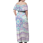 Australian Indigenous Aboriginal Art Off Shoulder Maxi Dress Vivid Pastel Pink Teal