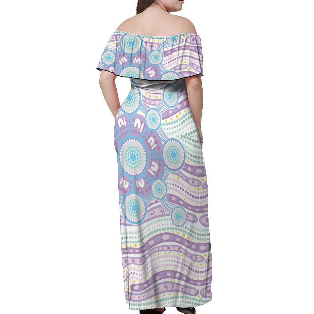 Australian Indigenous Aboriginal Art Off Shoulder Maxi Dress Vivid Pastel Pink Teal