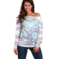 Australian Indigenous Aboriginal Art Off Shoulder Sweater Vivid Pastel Pink Teal