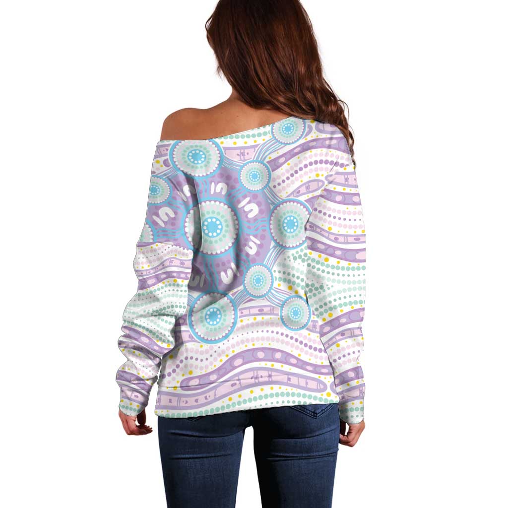 Australian Indigenous Aboriginal Art Off Shoulder Sweater Vivid Pastel Pink Teal