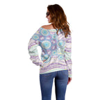 Australian Indigenous Aboriginal Art Off Shoulder Sweater Vivid Pastel Pink Teal