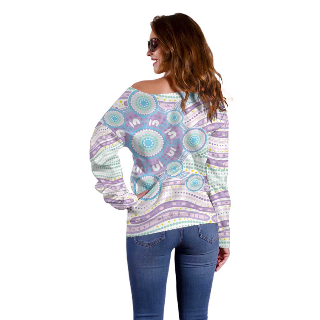 Australian Indigenous Aboriginal Art Off Shoulder Sweater Vivid Pastel Pink Teal