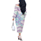 Australian Indigenous Aboriginal Art Off The Shoulder Long Sleeve Dress Vivid Pastel Pink Teal
