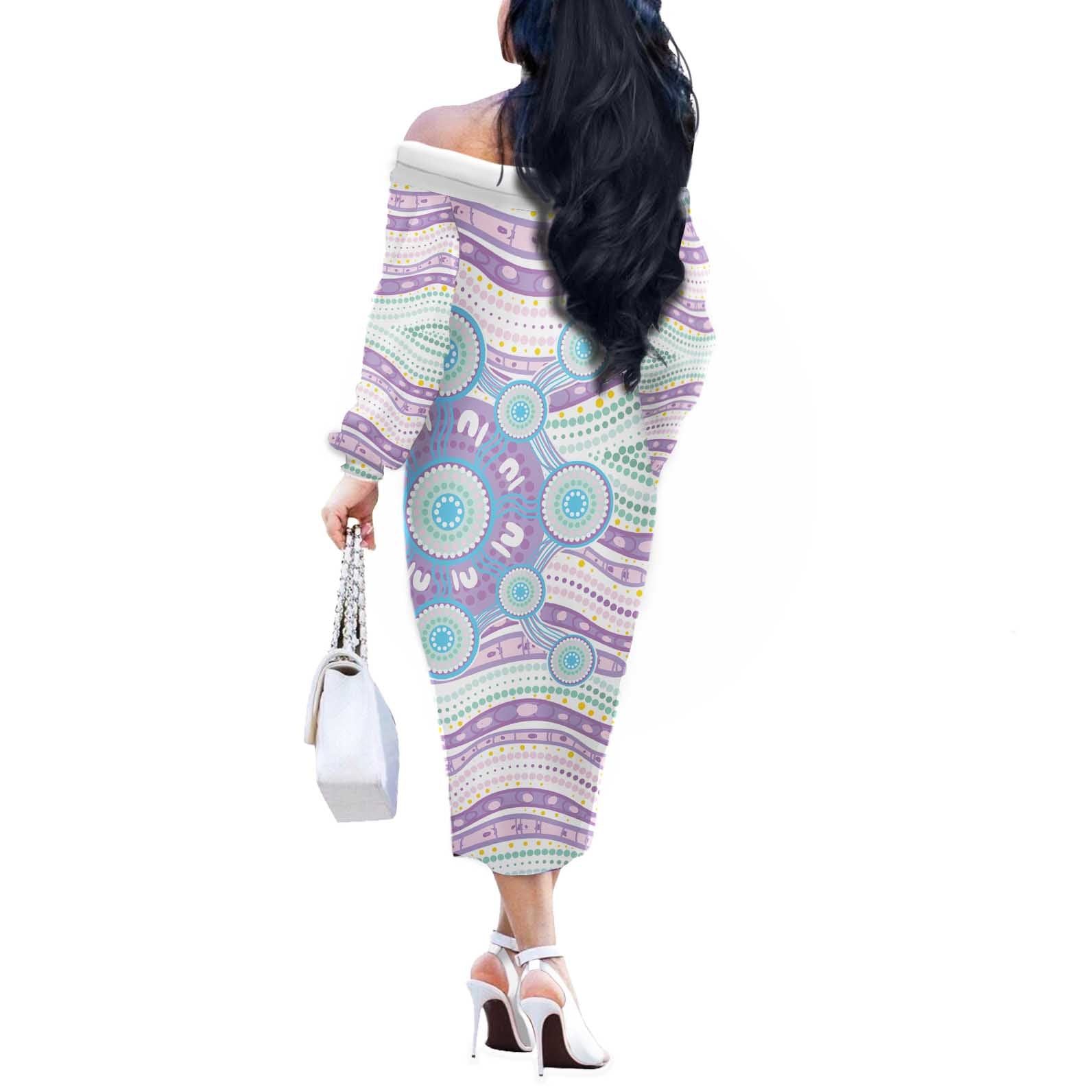 Australian Indigenous Aboriginal Art Off The Shoulder Long Sleeve Dress Vivid Pastel Pink Teal