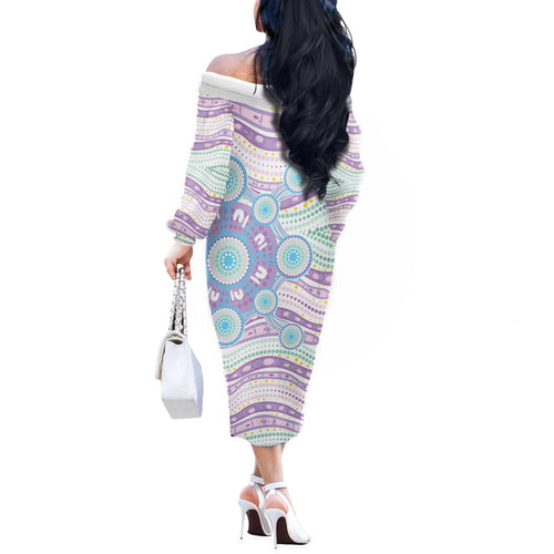 Australian Indigenous Aboriginal Art Off The Shoulder Long Sleeve Dress Vivid Pastel Pink Teal