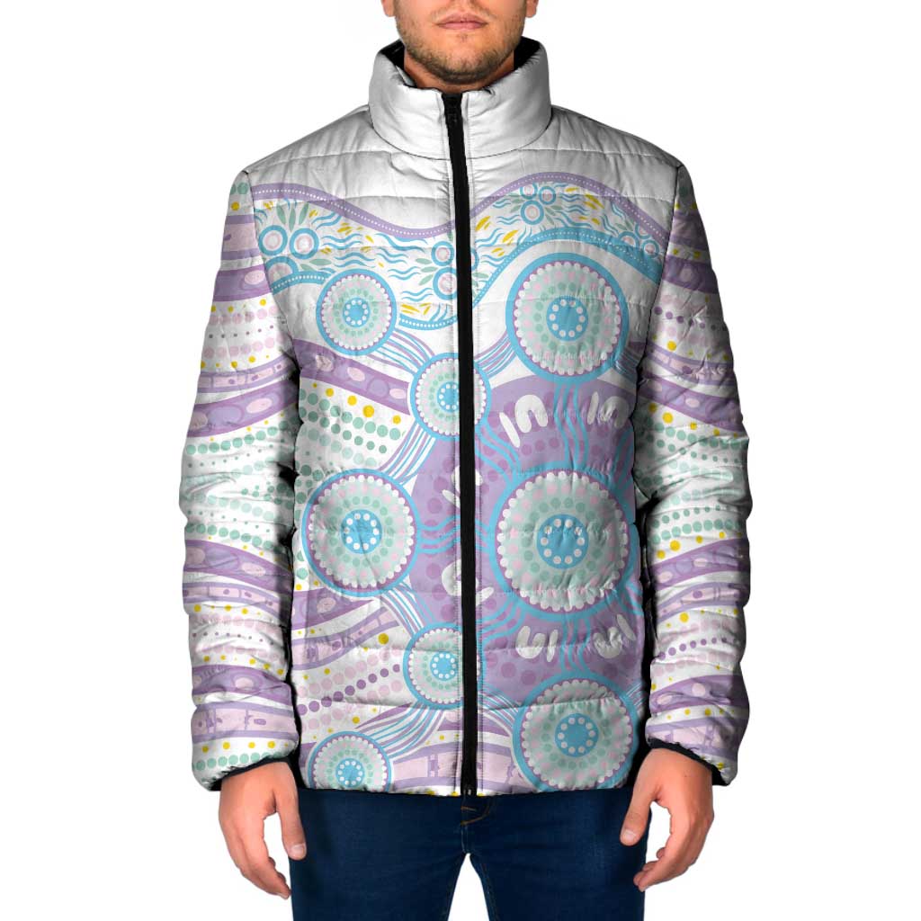Australian Indigenous Aboriginal Art Padded Jacket Vivid Pastel Pink Teal