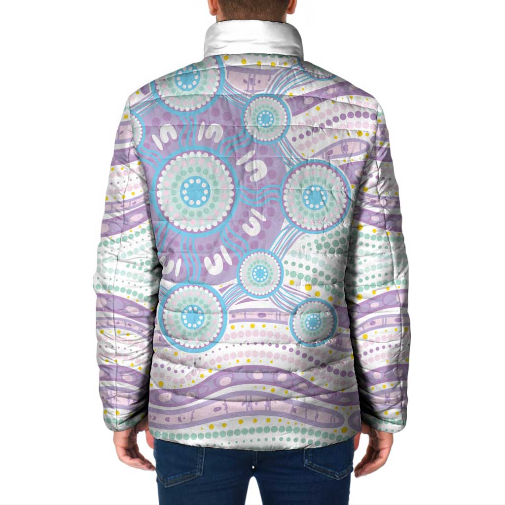 Australian Indigenous Aboriginal Art Padded Jacket Vivid Pastel Pink Teal
