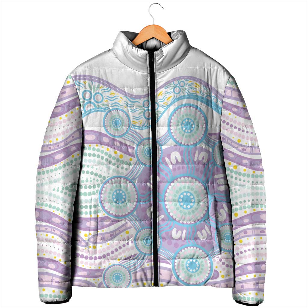 Australian Indigenous Aboriginal Art Padded Jacket Vivid Pastel Pink Teal