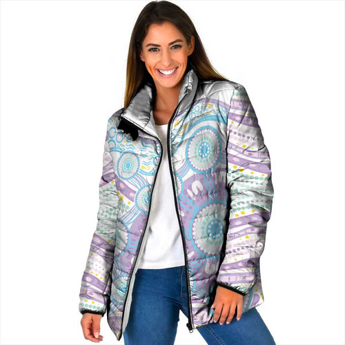 Australian Indigenous Aboriginal Art Padded Jacket Vivid Pastel Pink Teal