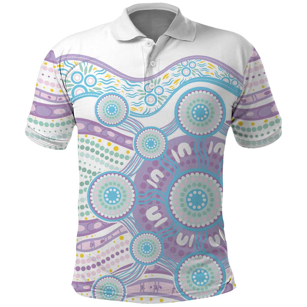 Australian Indigenous Aboriginal Art Polo Shirt Vivid Pastel Pink Teal