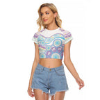 Australian Indigenous Aboriginal Art Raglan Cropped T Shirt Vivid Pastel Pink Teal