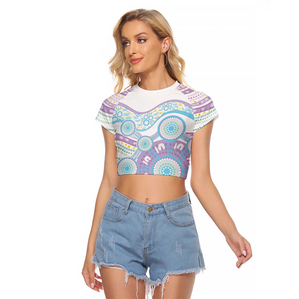 Australian Indigenous Aboriginal Art Raglan Cropped T Shirt Vivid Pastel Pink Teal