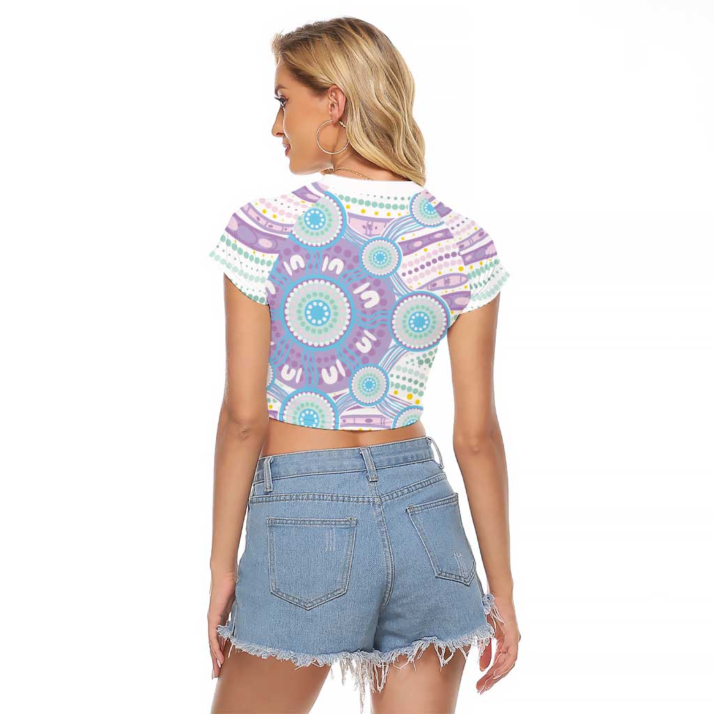Australian Indigenous Aboriginal Art Raglan Cropped T Shirt Vivid Pastel Pink Teal