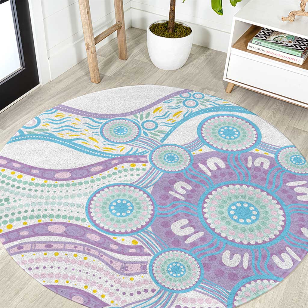 Australian Indigenous Aboriginal Art Round Carpet Vivid Pastel Pink Teal