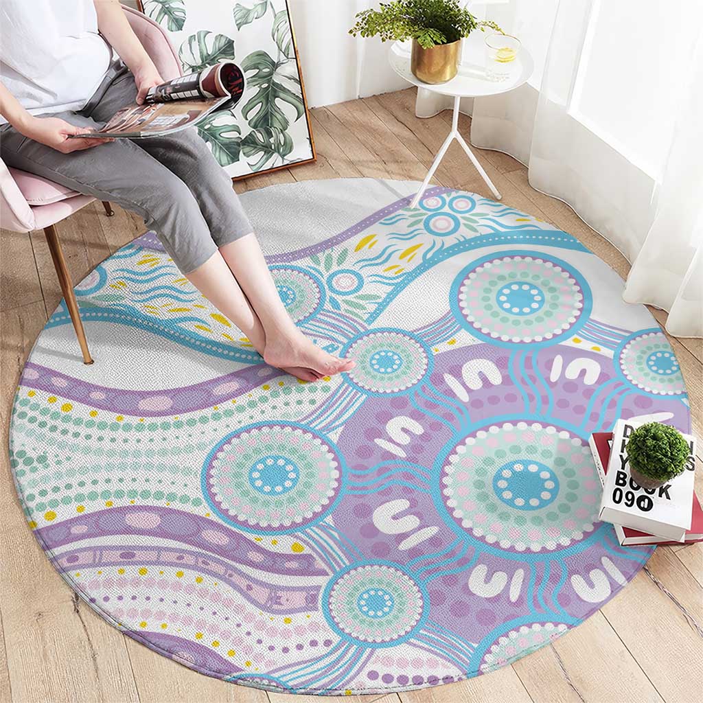 Australian Indigenous Aboriginal Art Round Carpet Vivid Pastel Pink Teal