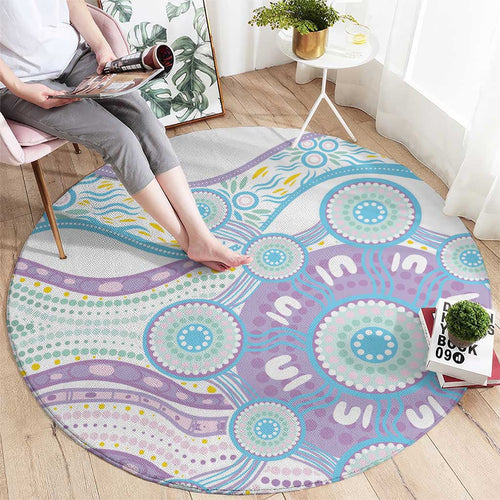 Australian Indigenous Aboriginal Art Round Carpet Vivid Pastel Pink Teal