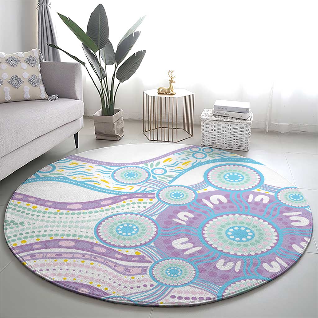 Australian Indigenous Aboriginal Art Round Carpet Vivid Pastel Pink Teal