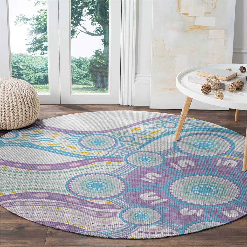 Australian Indigenous Aboriginal Art Round Carpet Vivid Pastel Pink Teal