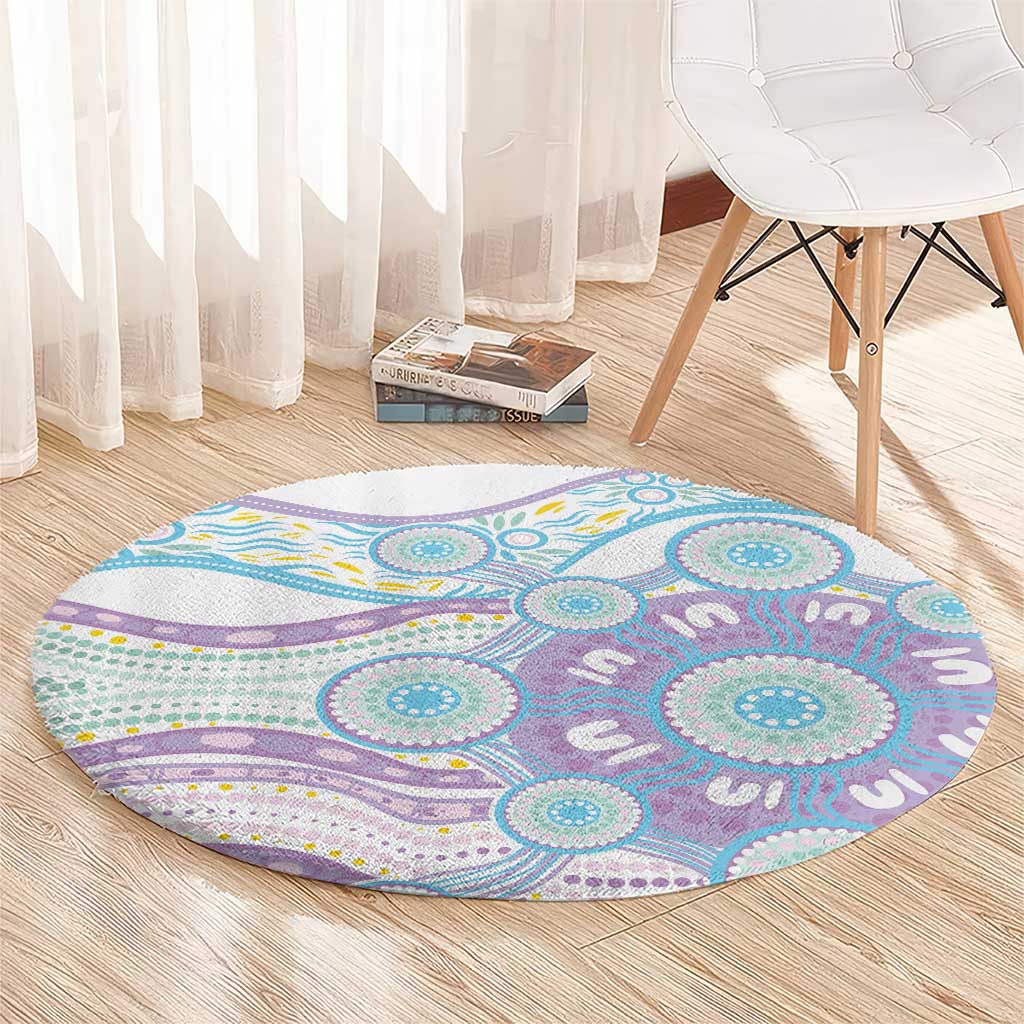 Australian Indigenous Aboriginal Art Round Carpet Vivid Pastel Pink Teal