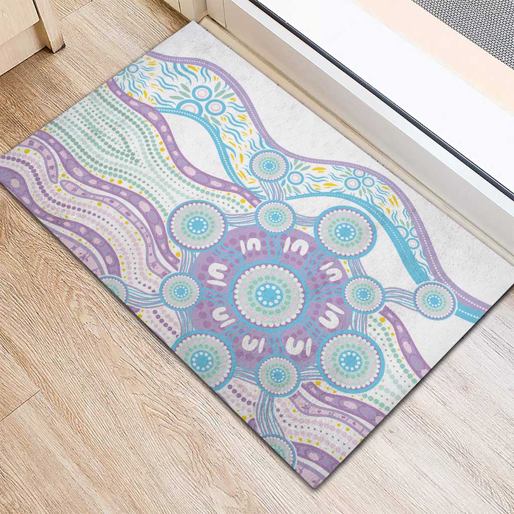 Australian Indigenous Aboriginal Art Rubber Doormat Vivid Pastel Pink Teal