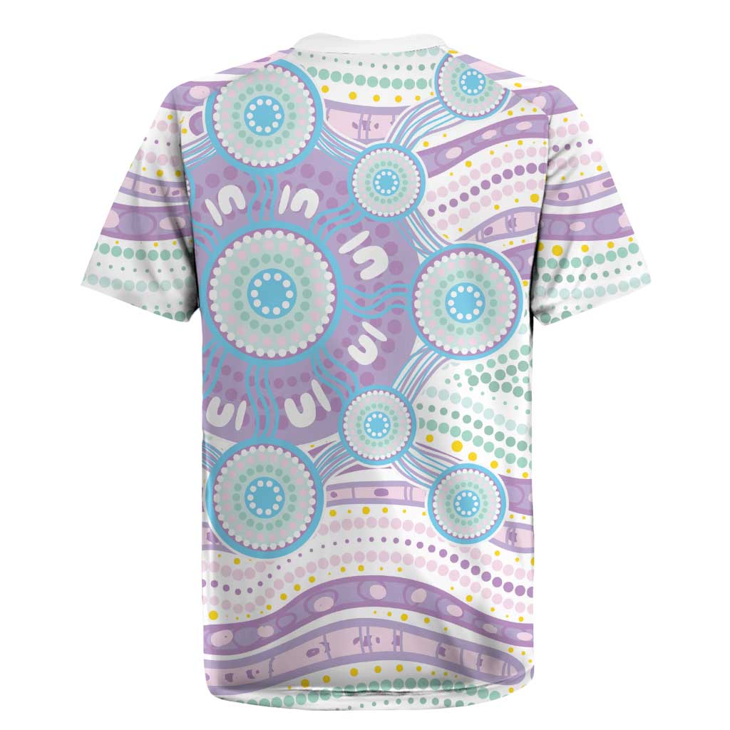 Australian Indigenous Aboriginal Art Rugby Jersey Vivid Pastel Pink Teal