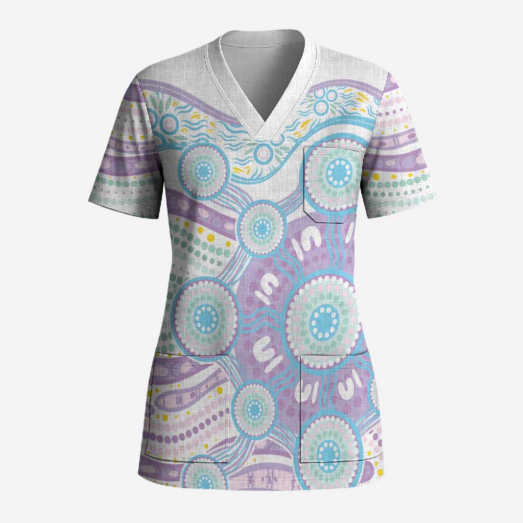 Australian Indigenous Aboriginal Art Scrub Top Vivid Pastel Pink Teal