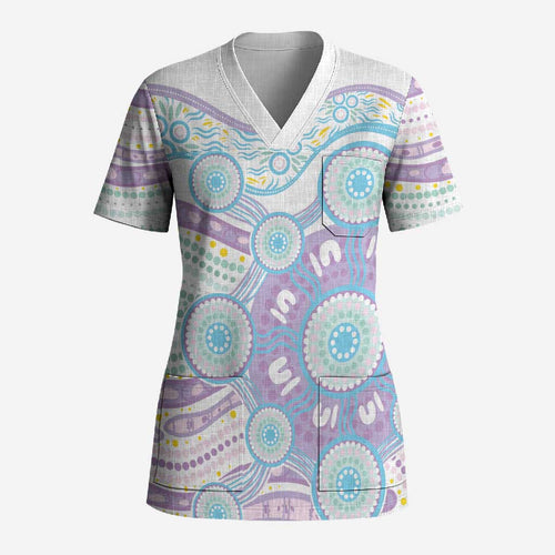 Australian Indigenous Aboriginal Art Scrub Top Vivid Pastel Pink Teal