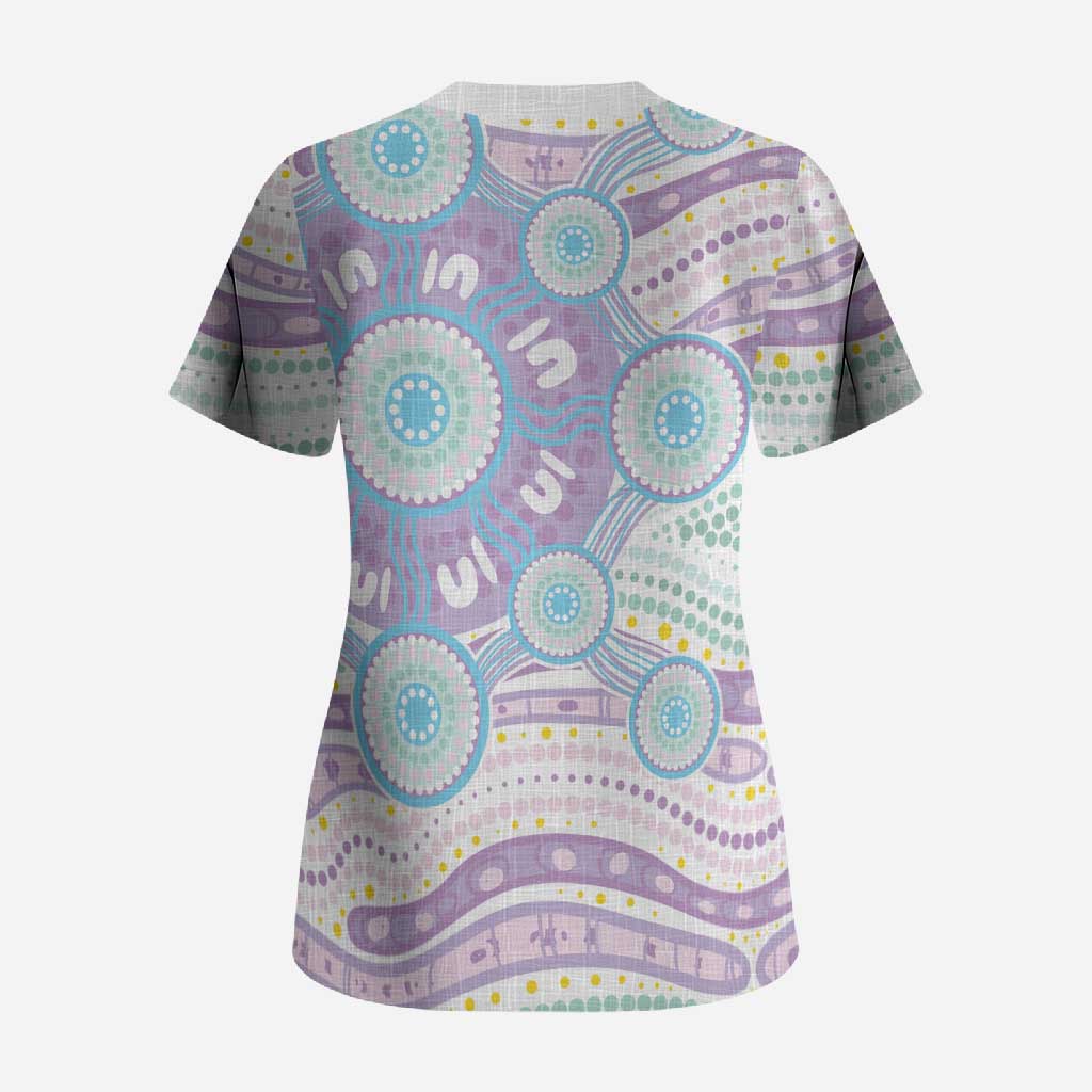 Australian Indigenous Aboriginal Art Scrub Top Vivid Pastel Pink Teal