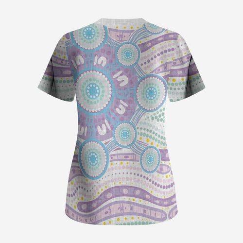 Australian Indigenous Aboriginal Art Scrub Top Vivid Pastel Pink Teal