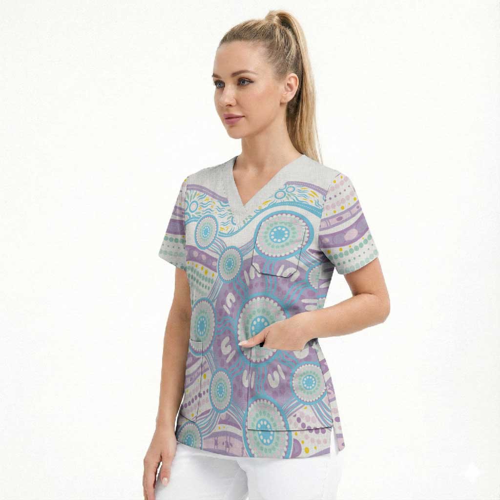 Australian Indigenous Aboriginal Art Scrub Top Vivid Pastel Pink Teal