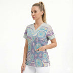 Australian Indigenous Aboriginal Art Scrub Top Vivid Pastel Pink Teal