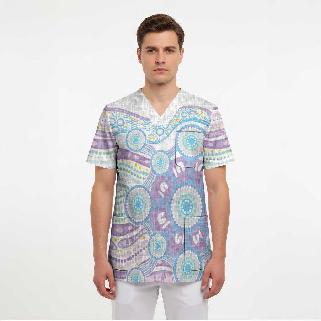 Australian Indigenous Aboriginal Art Scrub Top Vivid Pastel Pink Teal