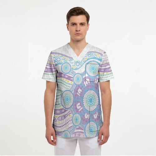 Australian Indigenous Aboriginal Art Scrub Top Vivid Pastel Pink Teal