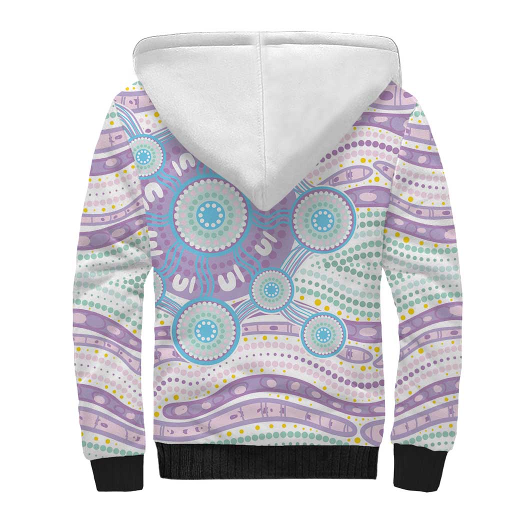 Australian Indigenous Aboriginal Art Sherpa Hoodie Vivid Pastel Pink Teal