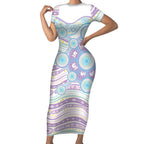 Australian Indigenous Aboriginal Art Short Sleeve Bodycon Dress Vivid Pastel Pink Teal