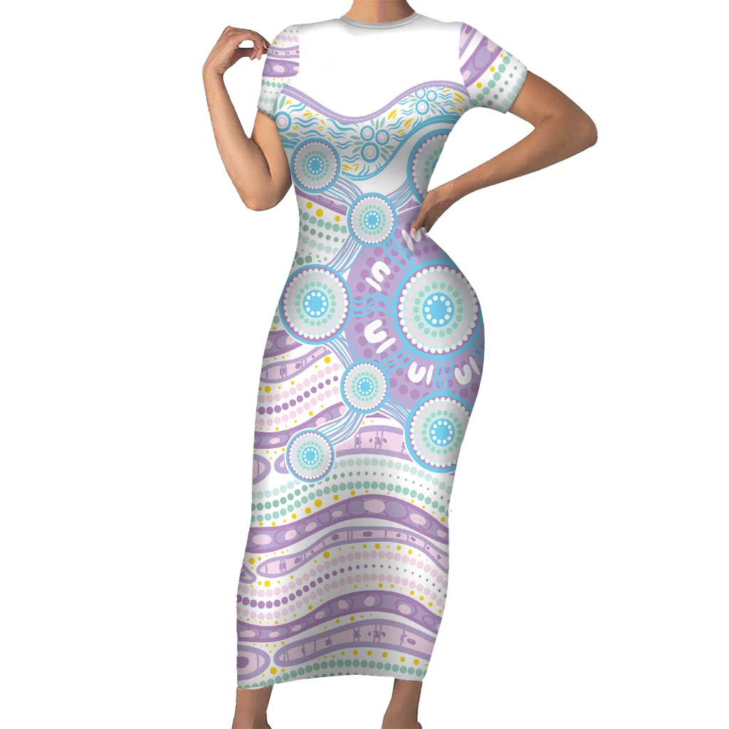 Australian Indigenous Aboriginal Art Short Sleeve Bodycon Dress Vivid Pastel Pink Teal